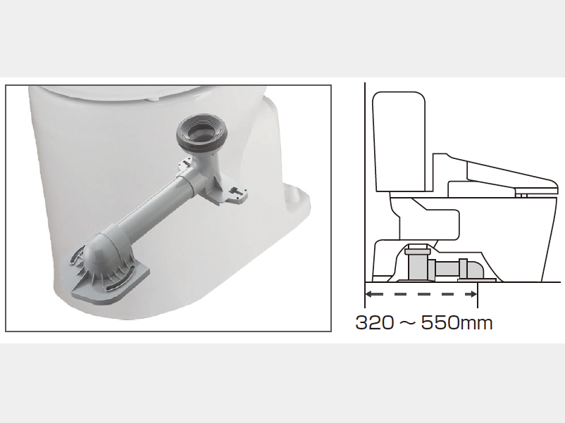 排水芯320～550mm対応のアジャスターで既設便器の排水管の位置を変更せずに設置可能